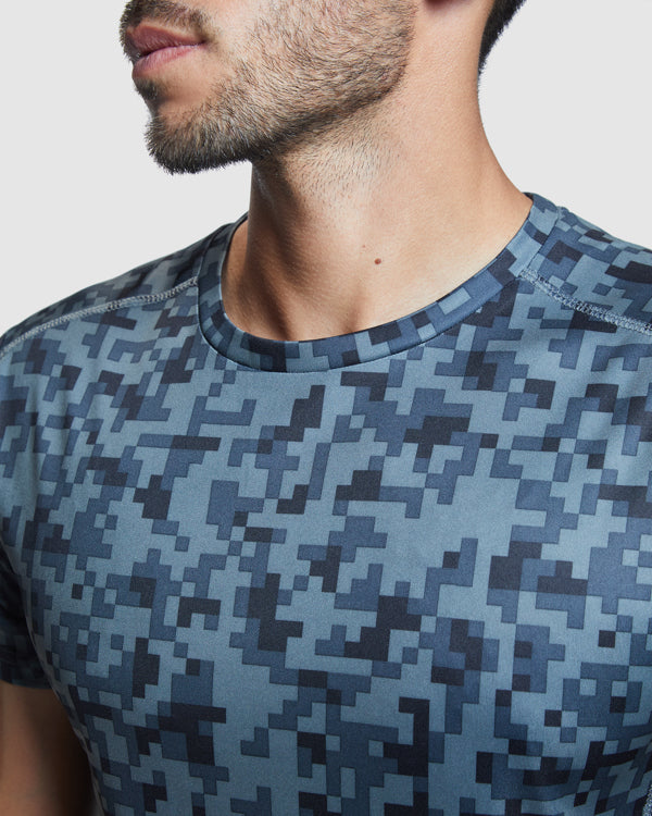 Roly Assen technical T-shirt in pixel black, neck and shoulder detail.