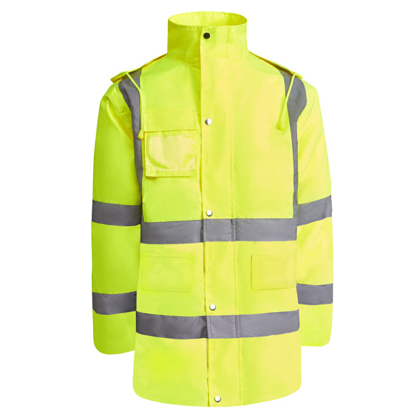 Roly Merak parka in fluorescent yellow, front view.