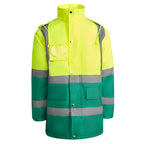 Roly Merak parka in green and fluorescent yellow, front view.