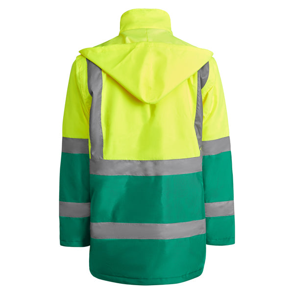 Roly Merak parka in green and fluorescent yellow, rear view.