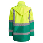Roly Merak parka in green and fluorescent yellow, rear view.