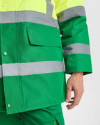 Roly Merak parka in green and fluorescent yellow, pocket and sleeve detail.