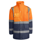 Roly Merak parka in navy and fluorescent orange, front view.
