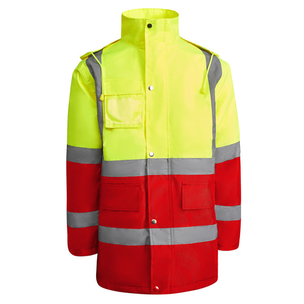 Roly Merak parka in red and fluorescent yellow, front view.